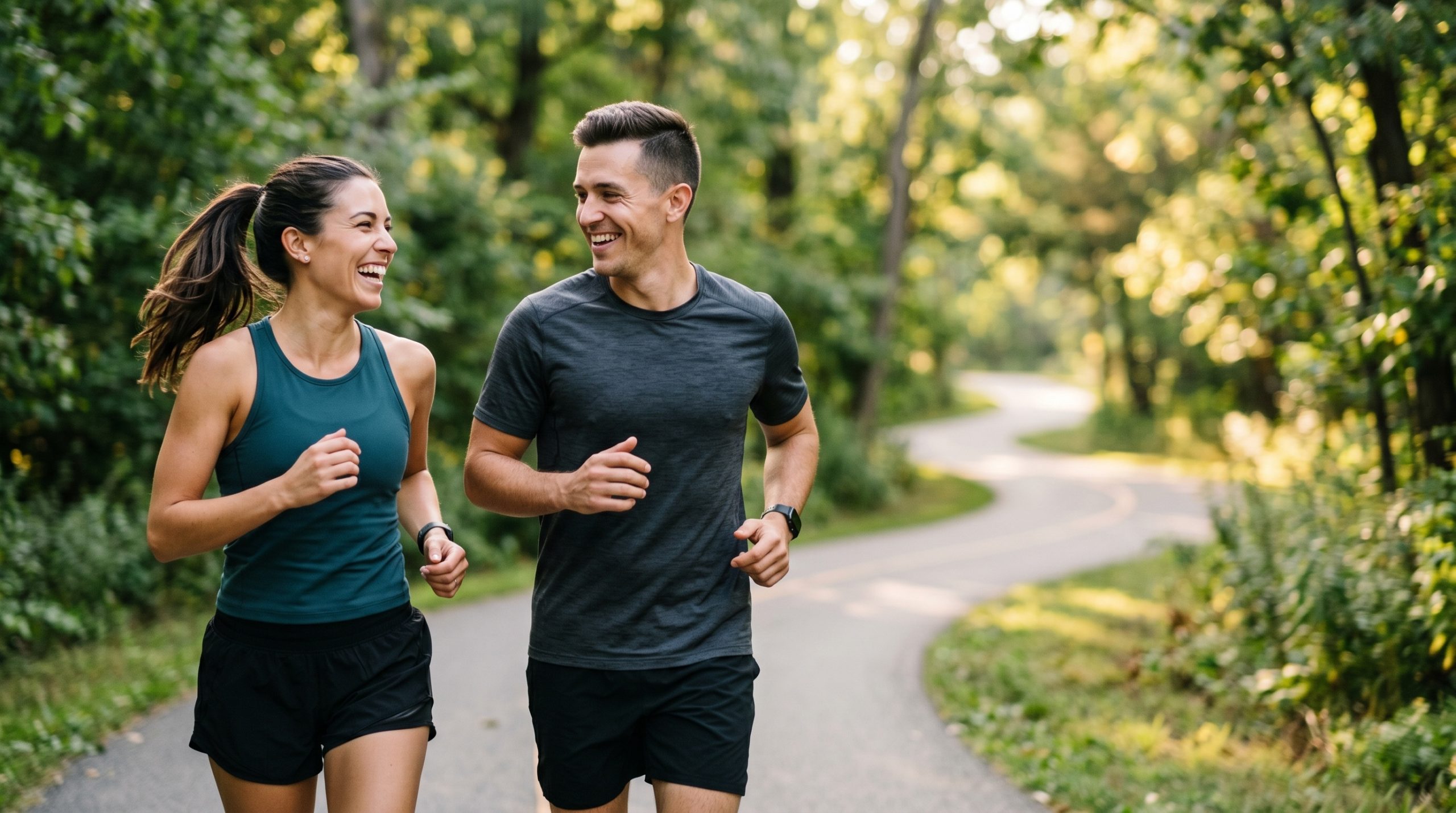 Man and woman jogging together on a wooded trail.