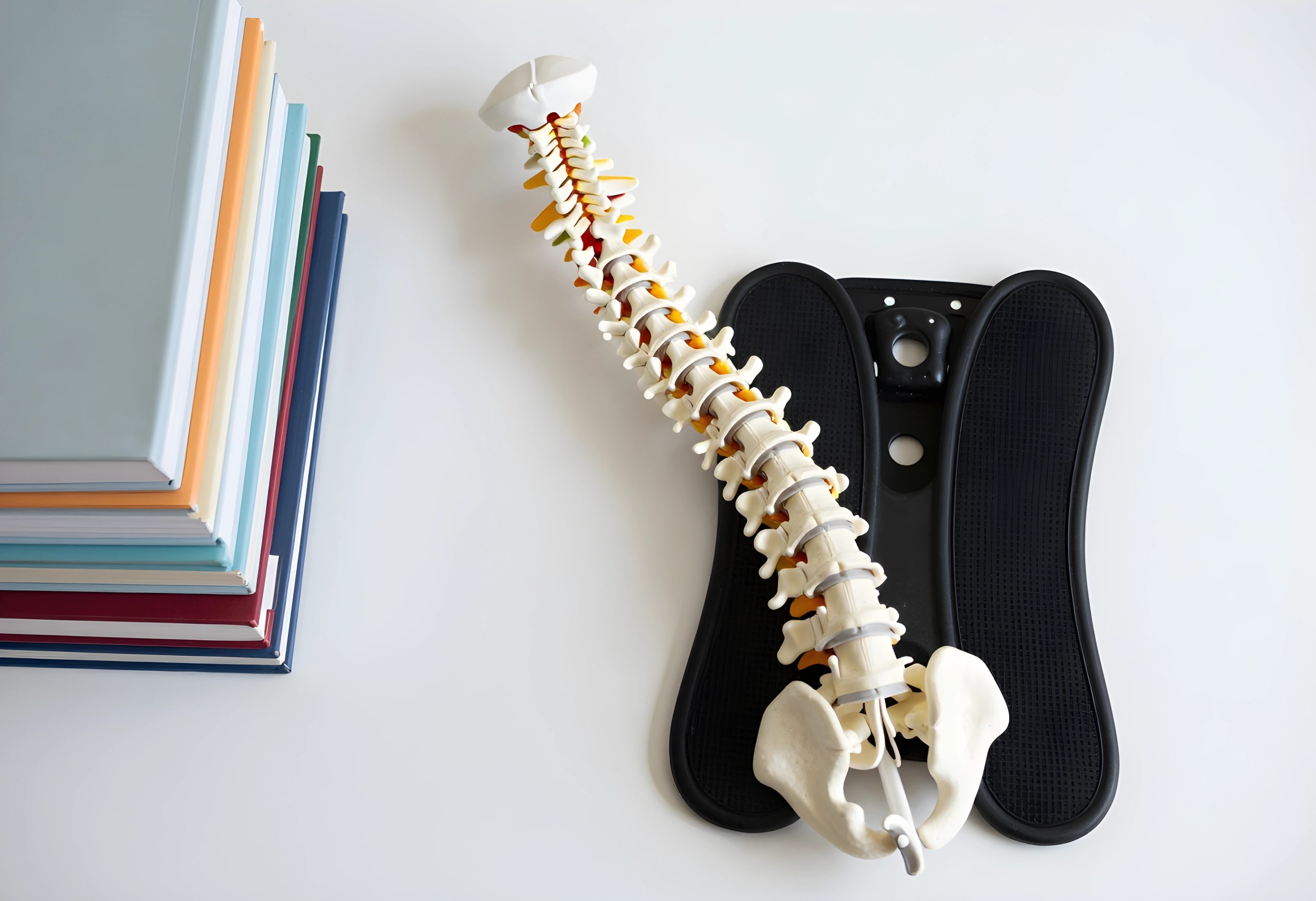 Anatomical spine model showing spinal curvature beside a back support device.
